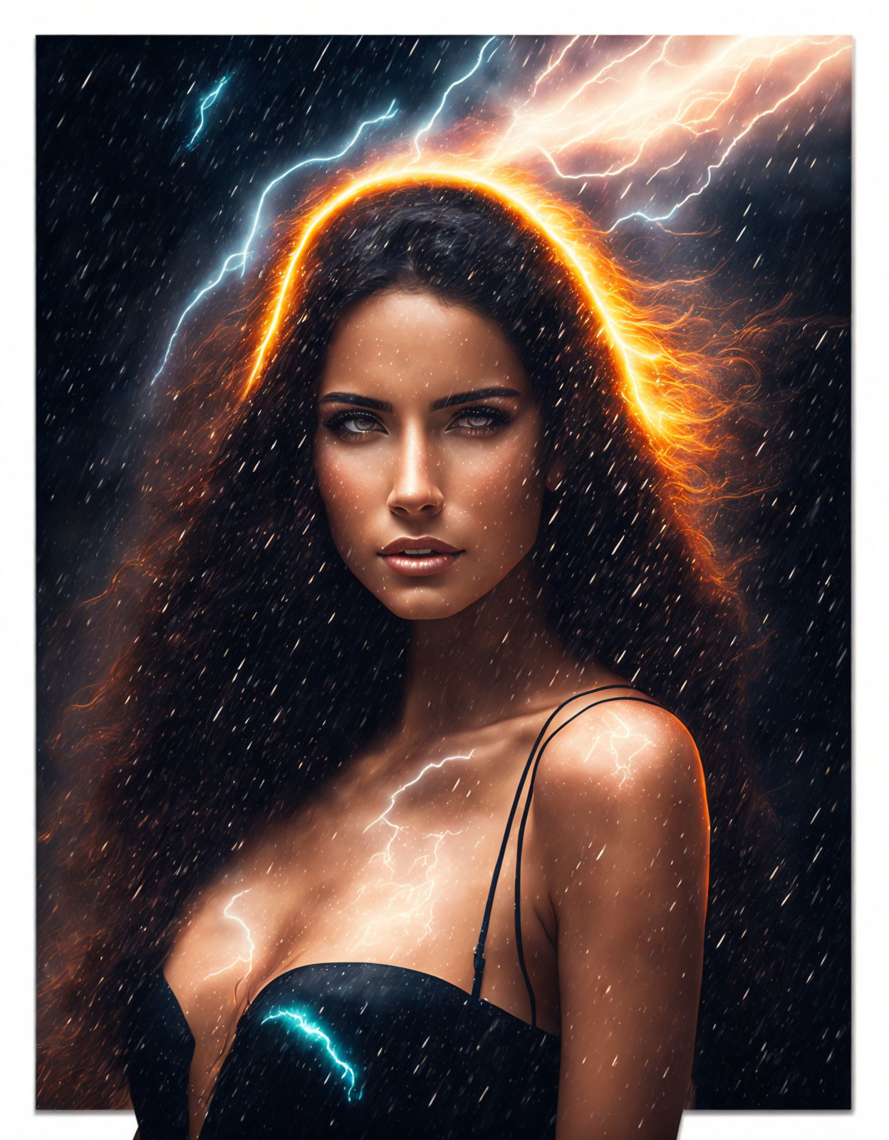 Woman with Striking Eyes in Cosmic Aura of Stars, Lightning, and Fiery Energy