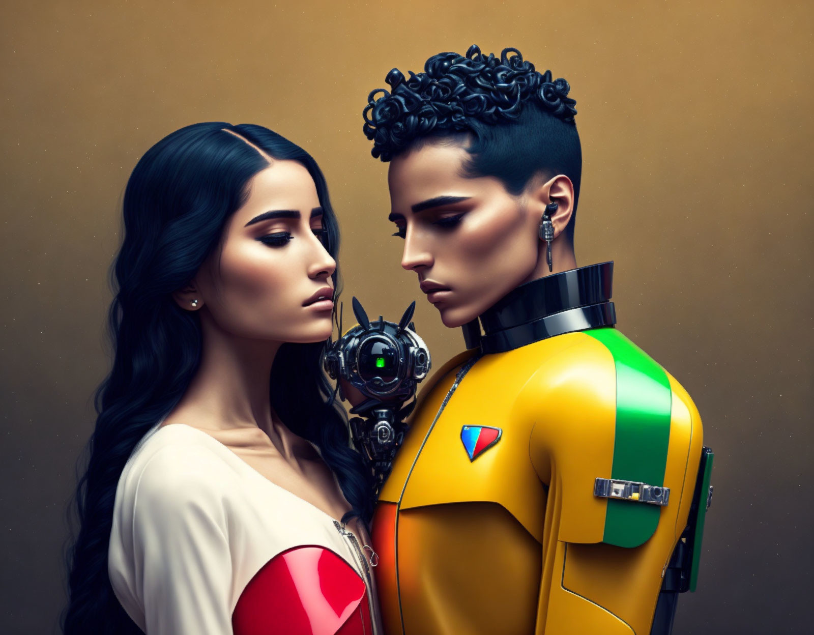 Dark-haired woman looking at humanoid robot in colorful suit