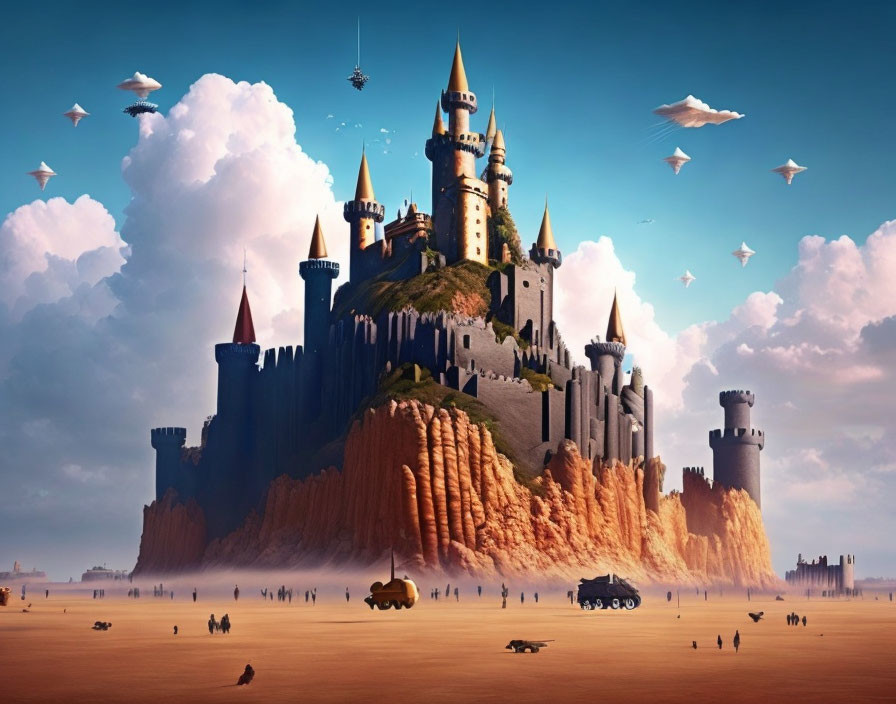 Fantasy castle on rocky cliff with desert, flying ships, vehicles, figures, and cloud-speck