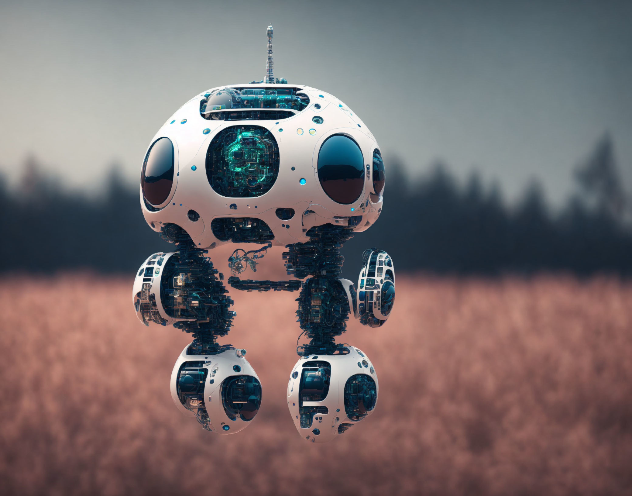 Futuristic spherical robot with multiple limbs hovers above field