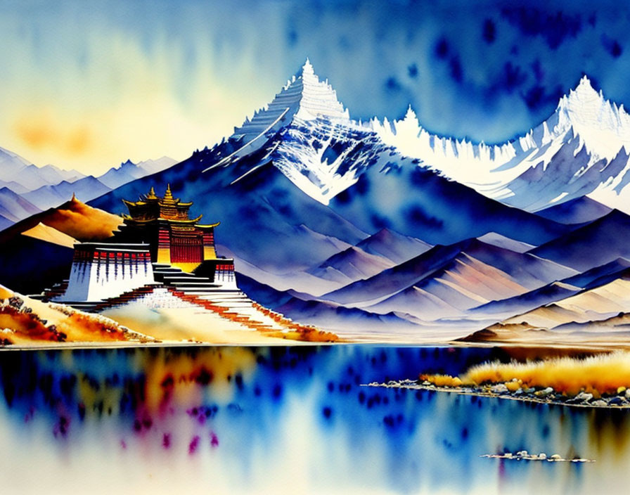 Traditional Asian temple painting with red and gold accents, blue mountains, calm lake.