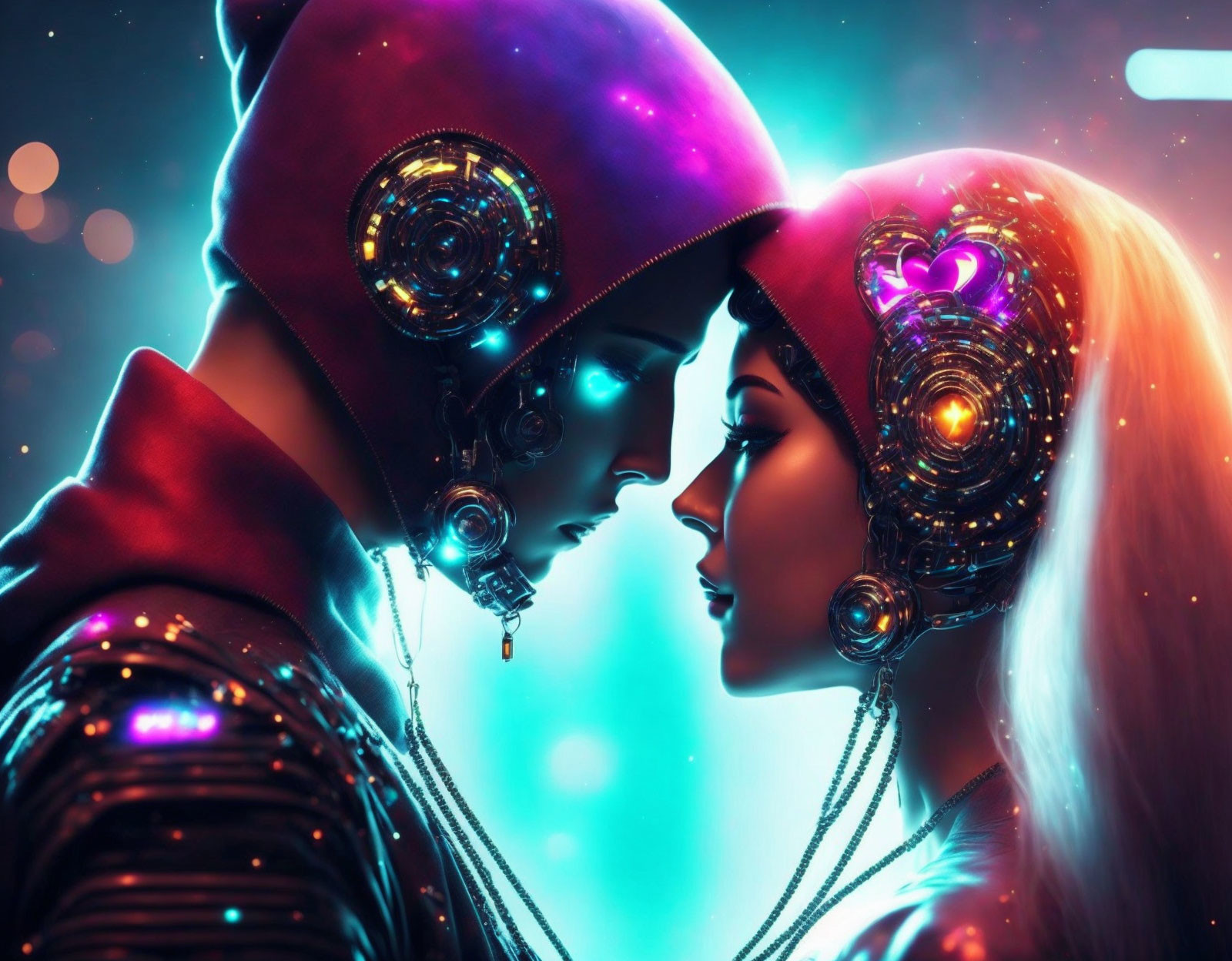 Futuristic humanoid robots with intricate illuminated headgear touch foreheads under vibrant lights