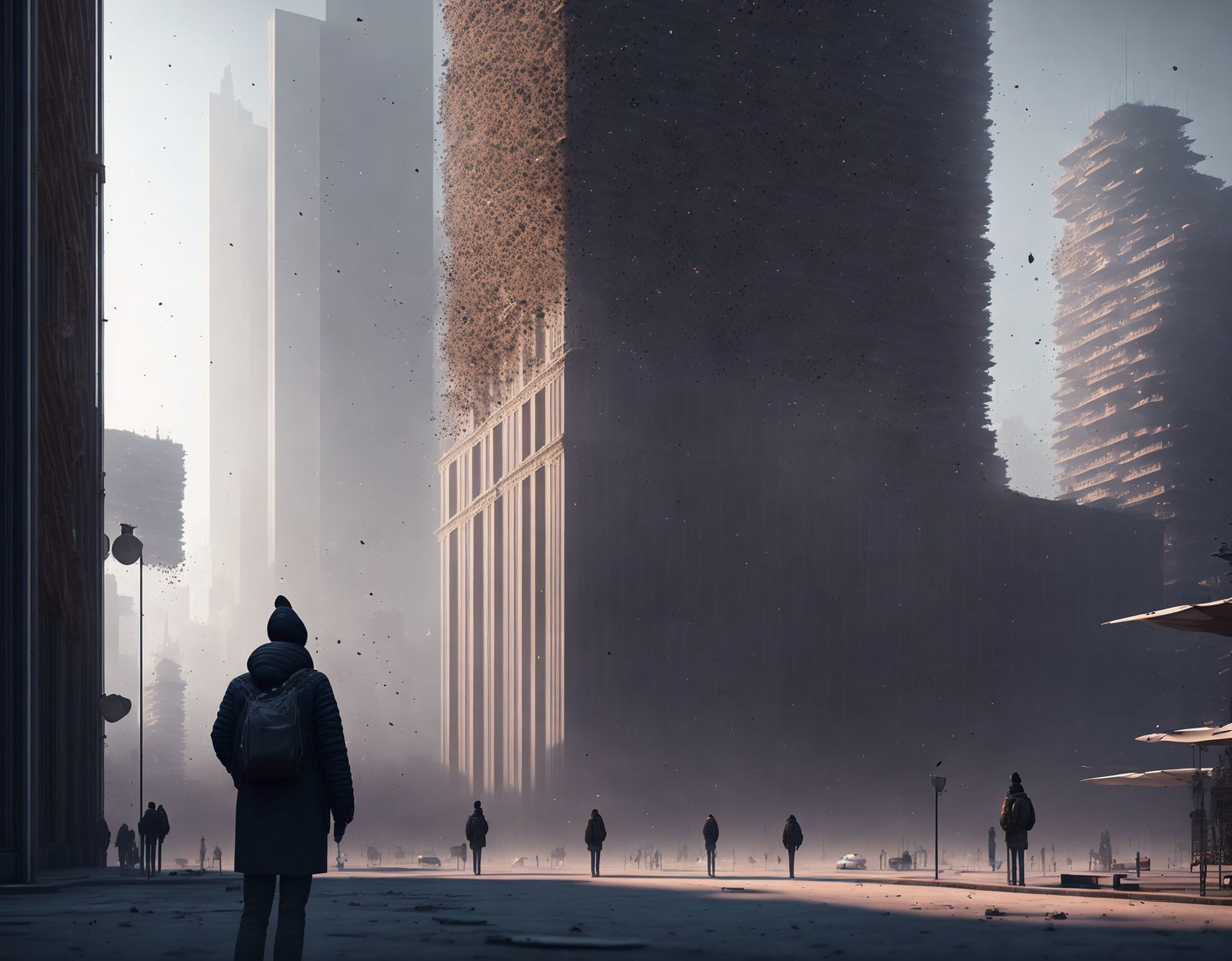 Person in winter jacket stands in dystopian cityscape with black particles.