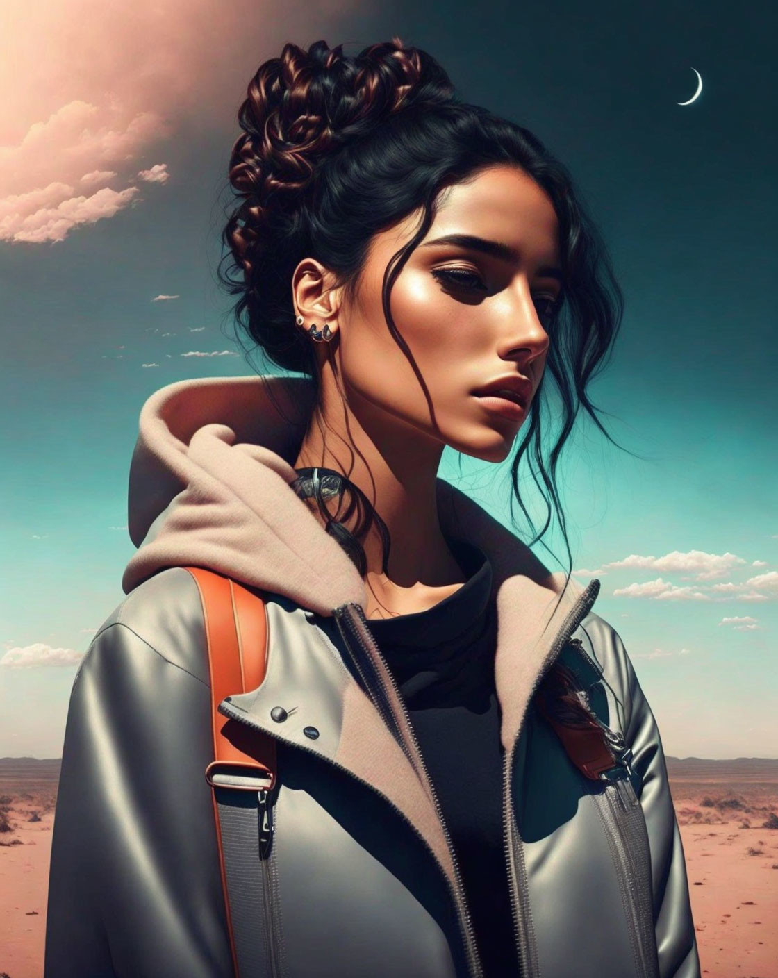 Pensive woman with bun hairstyle in hoodie and leather jacket under crescent moon