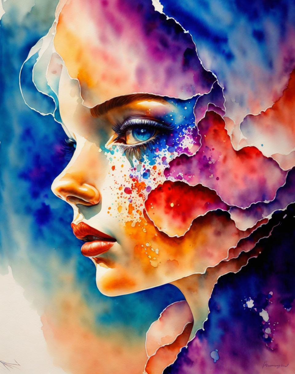 Colorful Abstract Watercolor Portrait of Woman's Profile