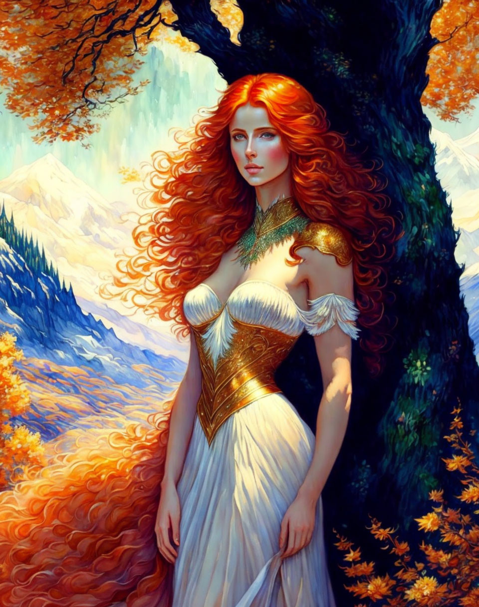 Illustration of woman with red hair and golden armor in autumnal mountain setting