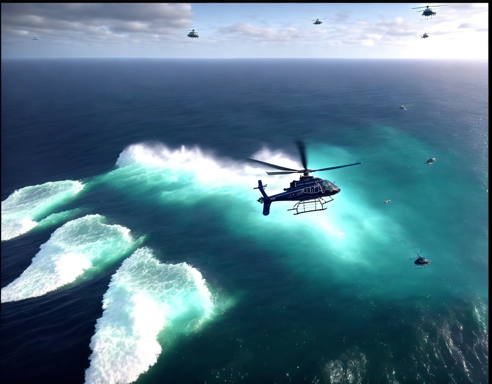 Low-flying helicopters over turquoise sea with waves - possible search & rescue or military exercise