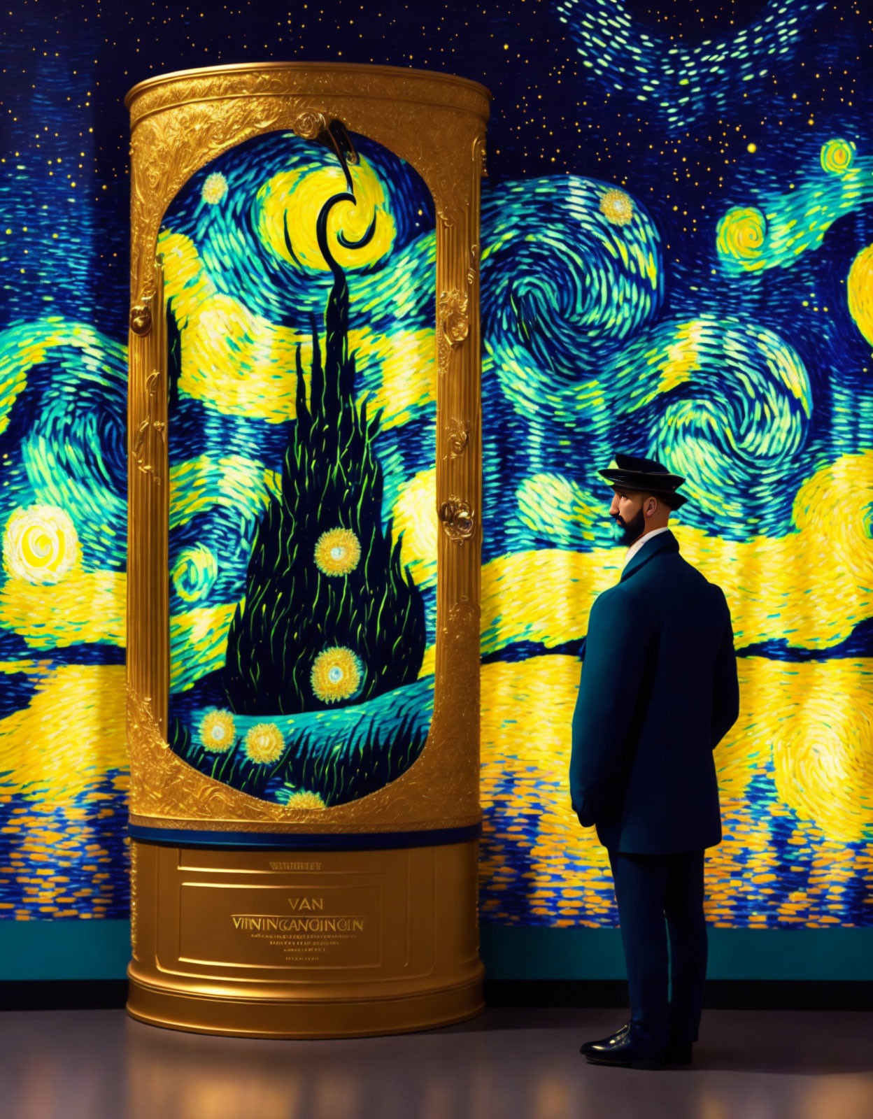 Security guard next to large gold-framed "Starry Night" painting