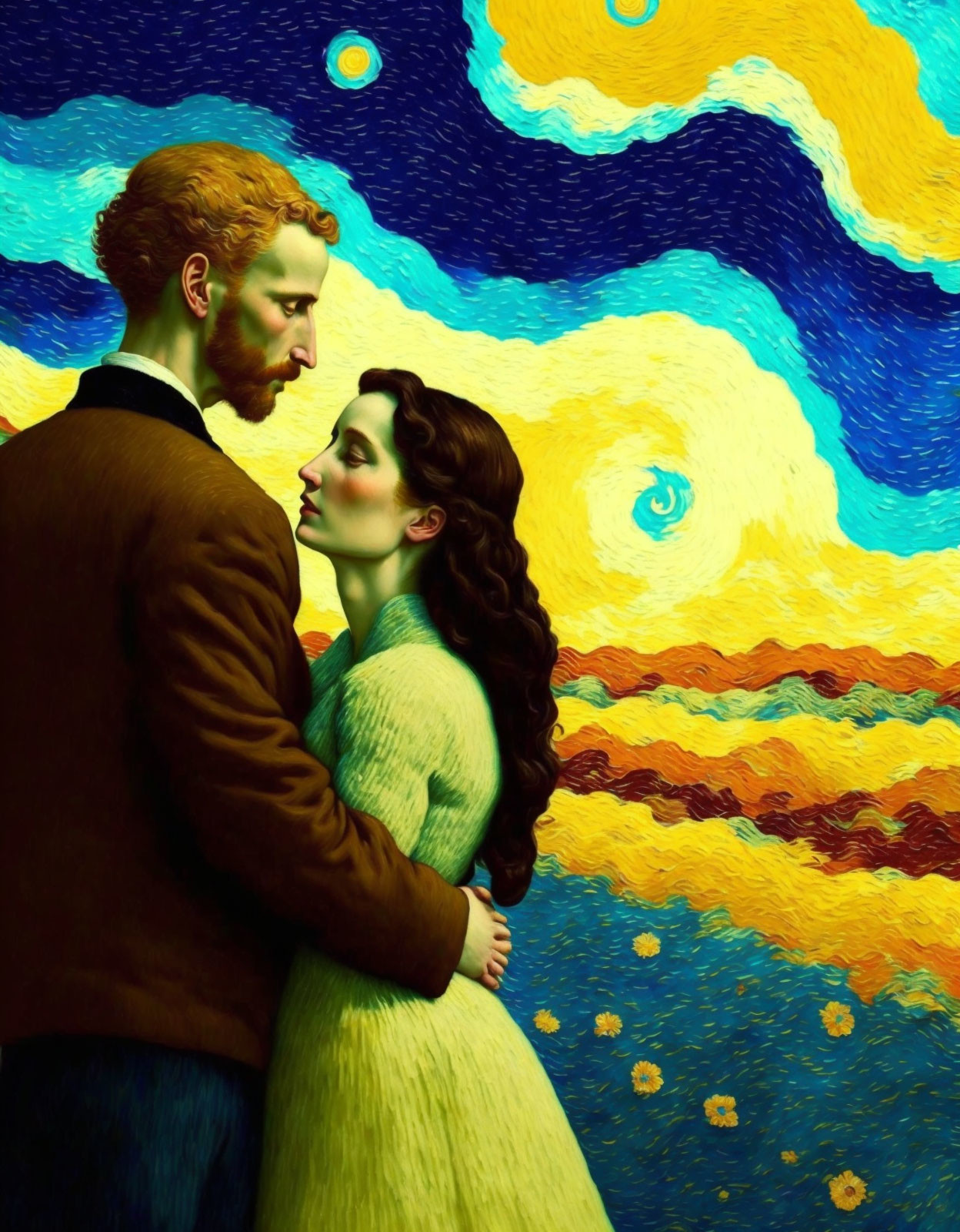 Couple Embracing with Van Gogh-Style Starry Night Sky