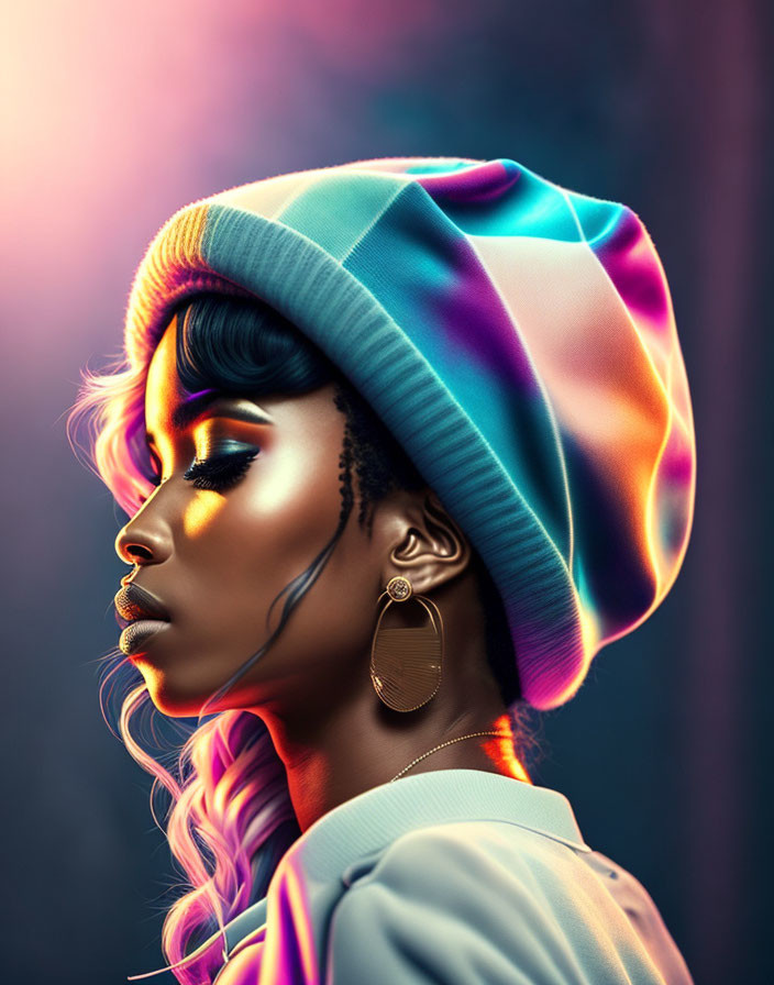 Woman with Striking Makeup in Colorful Beanie and Hoop Earrings