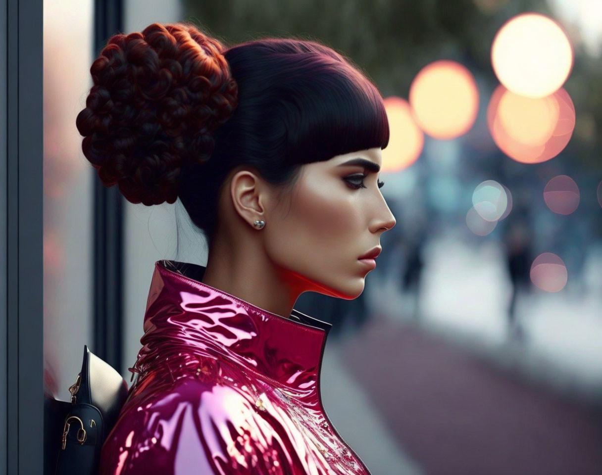 Elaborate bun hairstyle and red shiny jacket on woman with city lights.