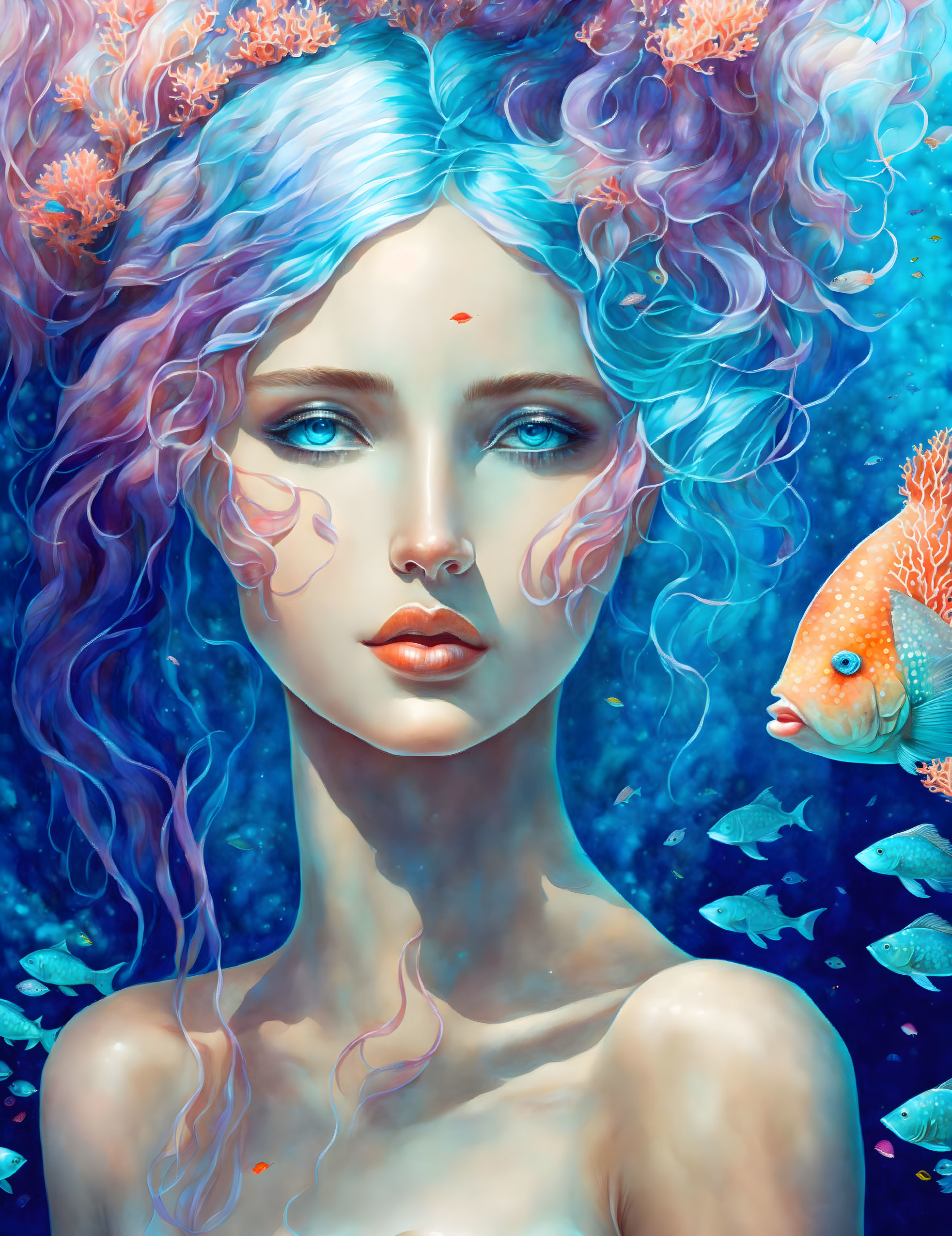 Fantastical portrait of woman with blue hair and coral-like adornments