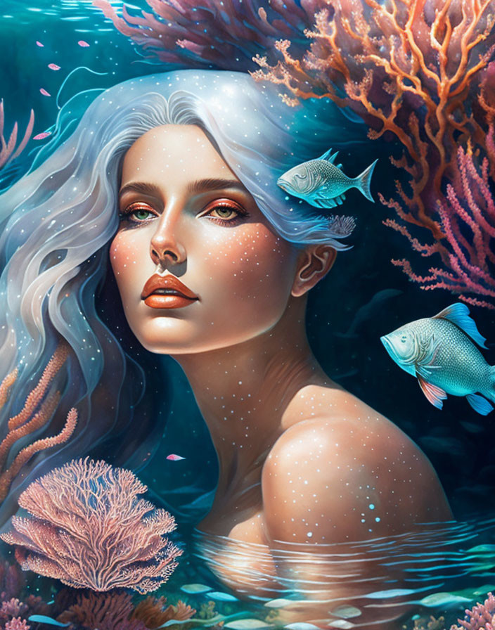 Ethereal underwater portrait of woman with white hair and vibrant coral fish