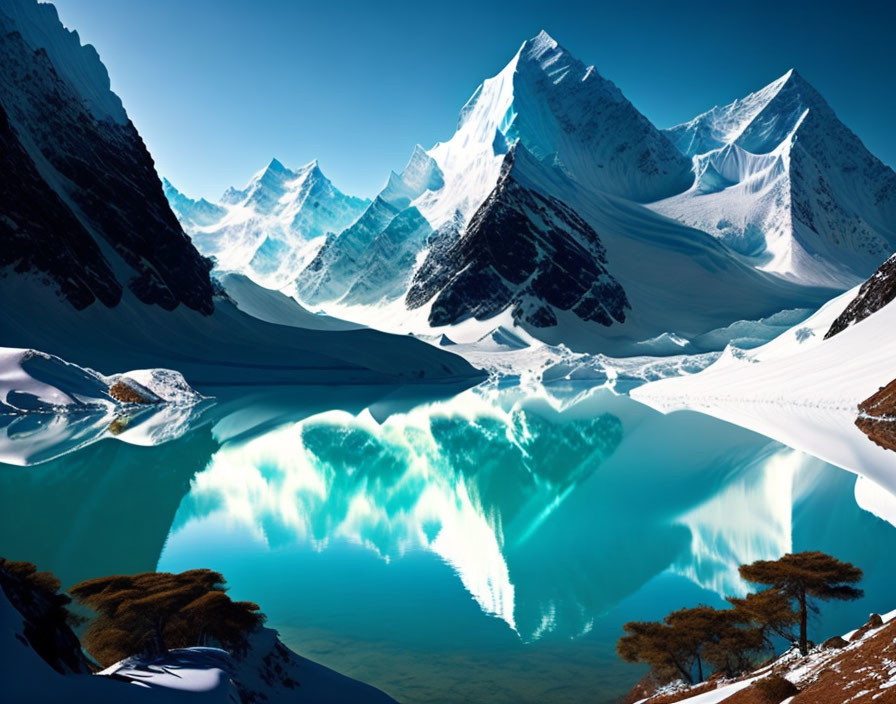 Turquoise Glacial Lake with Snow-Capped Peaks