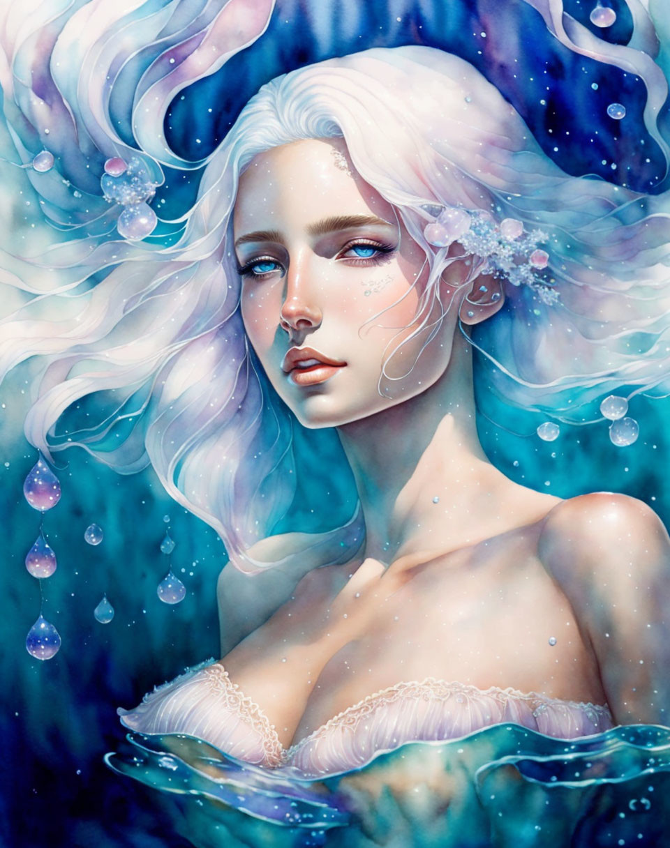 Ethereal figure with white hair and blue eyes in mystical underwater scene