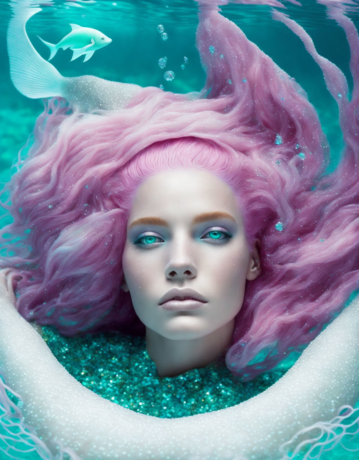 Vivid pink hair and blue eyes in turquoise water with glitter and fish