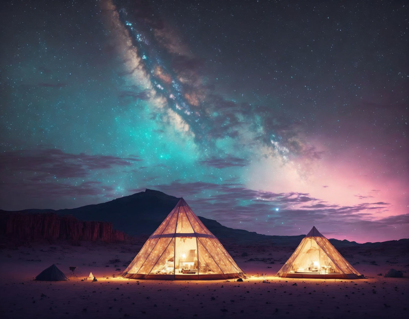 Colorful Illuminated Glass Pyramids in Desert Night Sky