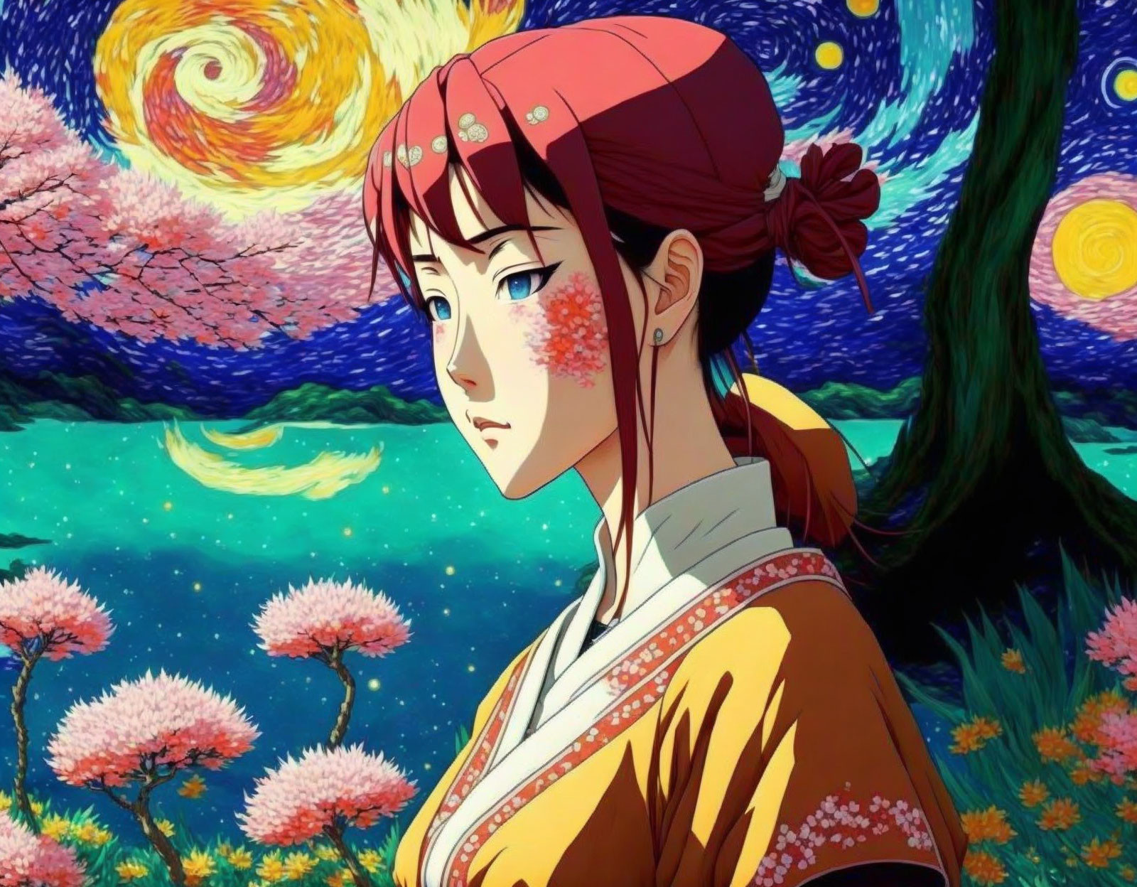 Traditional Attired Animated Woman in Starry Night Background