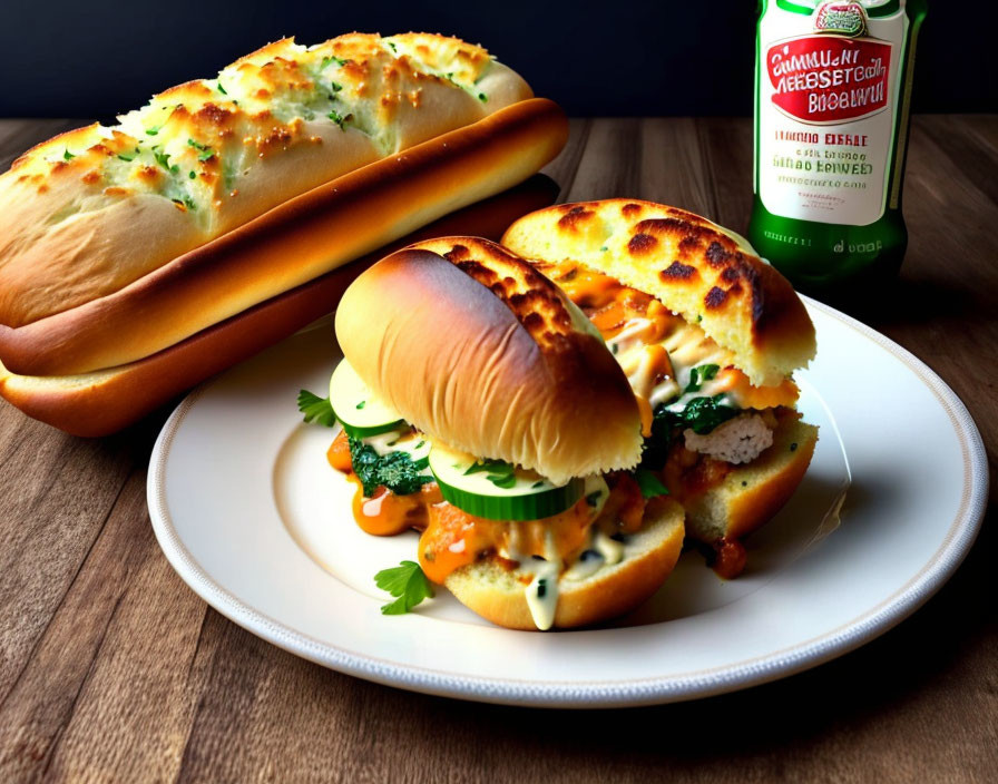 Cheese-filled hot dog with beer and bread on wooden surface