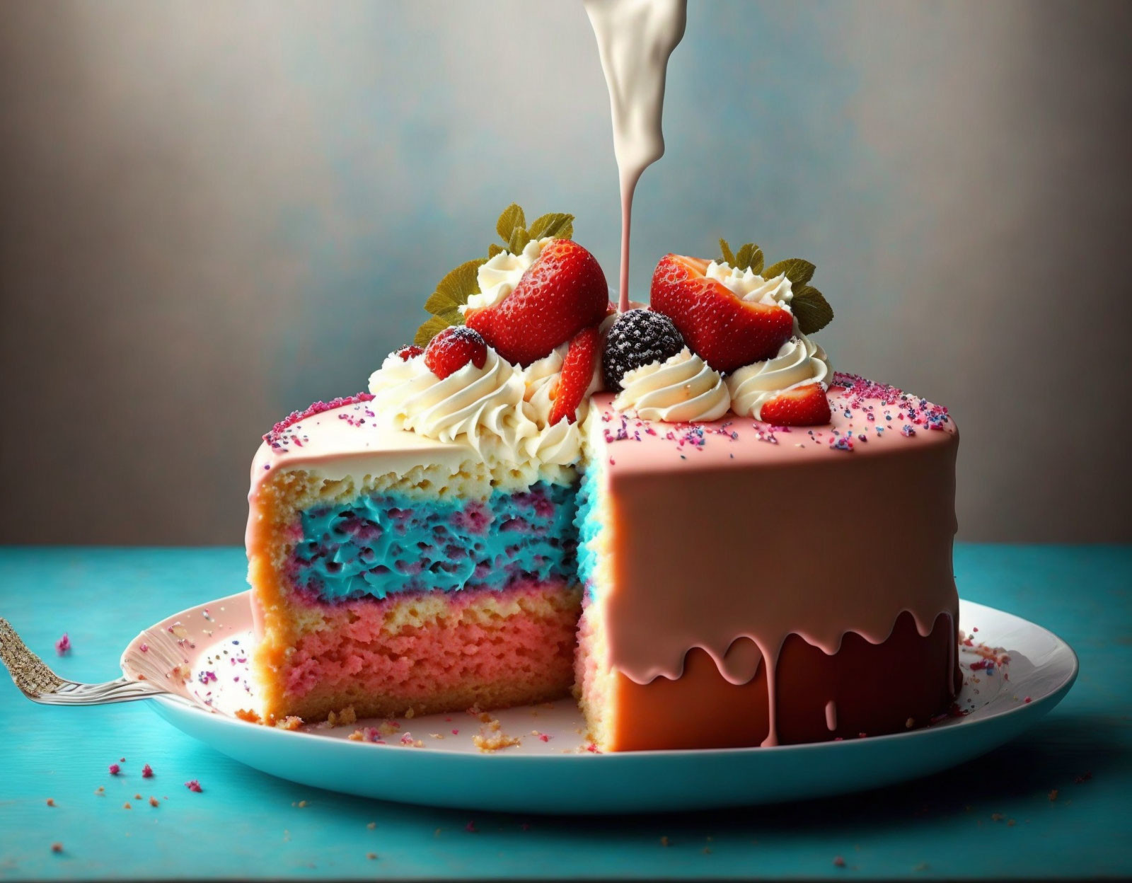 Colorful Layered Cake with Strawberries and Cream on Blue Background