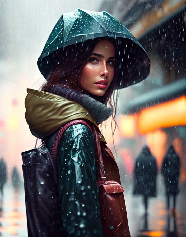 Woman in glossy helmet, puffy jacket, backpack in rainy city street