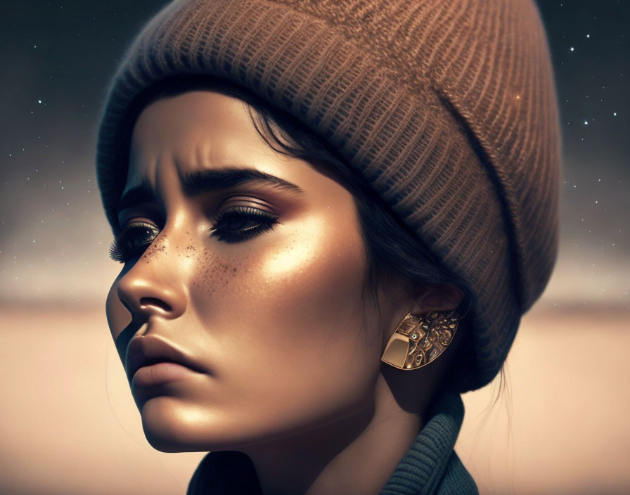 Digital portrait of woman in knit cap with glistening skin and earring against starry night.