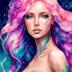 Digital art portrait of woman with pink hair, green eyes, scales, starry background