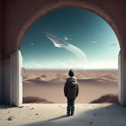 Person in doorway gazes at desert scene with moon, spaceship, and flying birds