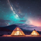 Colorful Illuminated Glass Pyramids in Desert Night Sky