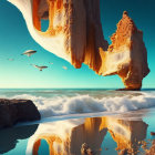 Surreal seascape with floating rock formation, birds, and futuristic ships