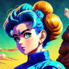 Character with Large Blue Hair in Buns on Cosmic Background