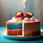 Colorful Layered Cake with Strawberries and Cream on Blue Background