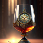 Glass goblet with vintage clock face, fiery liquid, apple, and draped backdrop.