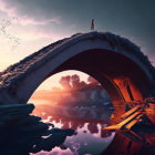 Person on Ancient Bridge at Sunrise/Sunset with Birds and Ruins