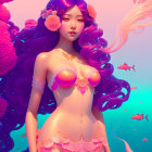 Illustration of woman with purple hair in floral theme on surreal aquatic background.