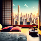 Japanese-inspired bedroom with panoramic city view at sunset