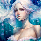 Ethereal figure with white hair and blue eyes in mystical underwater scene