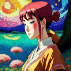 Traditional Attired Animated Woman in Starry Night Background