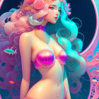 Colorful digital art: Female figure with flowing hair, flowers, fish, and moon.