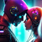 Futuristic humanoid robots with intricate illuminated headgear touch foreheads under vibrant lights