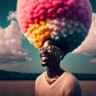 Colorful Smoke Cloud Above Person with Glasses Outdoors