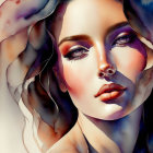 Colorful Watercolor Portrait of Woman with Expressive Makeup and Flowing Hair