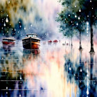 Artistic painting of boats on calm lake in rain with reflections and misty trees