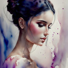 Vibrant watercolor portrait of a serene woman in purple and blue hues