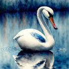 White Swan with Orange Beak Floating on Blue Water