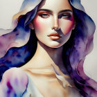 Vibrant watercolor portrait blending flowing hair with galaxy pattern