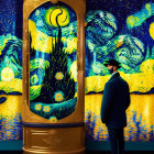 Security guard next to large gold-framed "Starry Night" painting