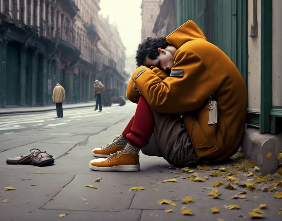 Person in Yellow Jacket Resting on Curb with Leaves Around