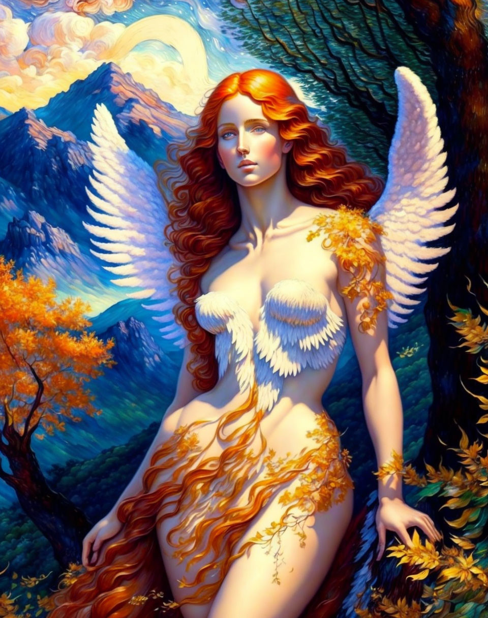 Artwork featuring angelic figure with red hair, white wings, and golden details in mountain landscape