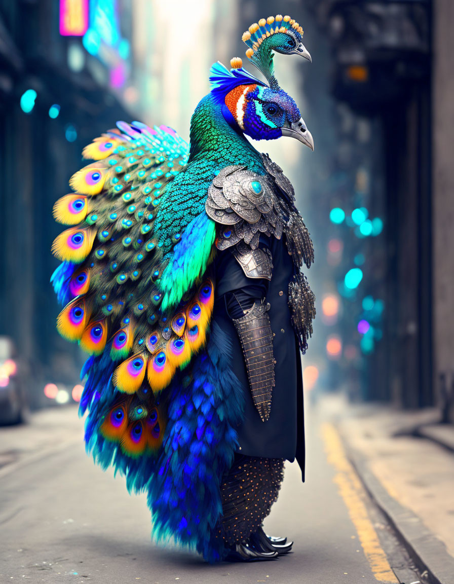 Person with Peacock Head and Tail in Urban Alleyway Wearing Armor